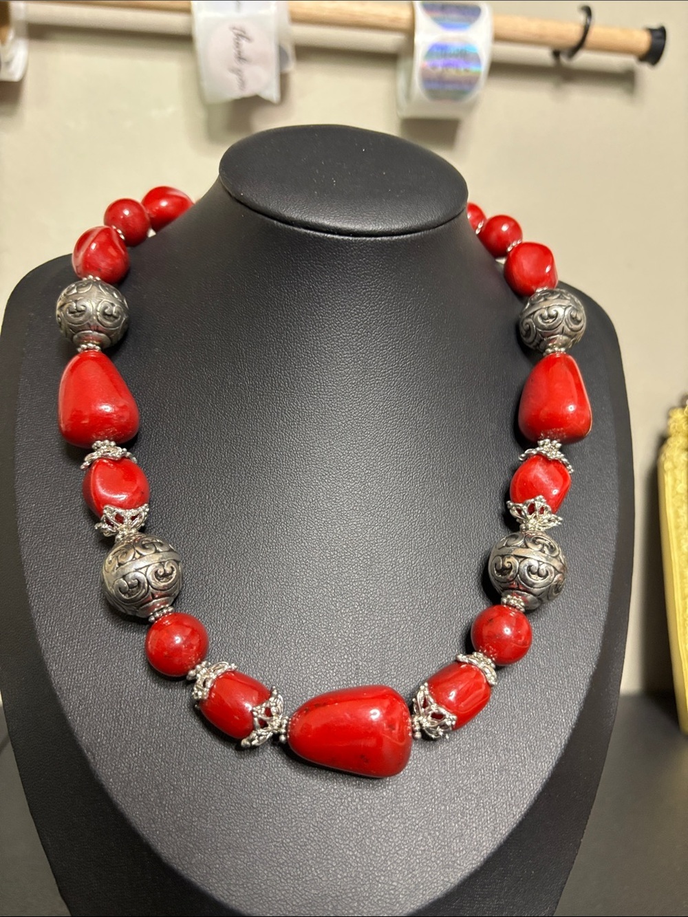 Chunky Bold Red Beaded Statement Necklace with Silver Accent Beads